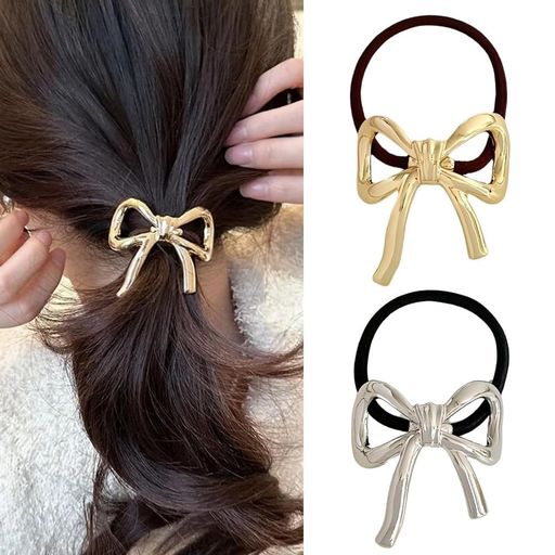 ヘアゴム2個セットメタルリボンかわいいレディースヘアアクセサリー飾り付きおしゃれ上品シンプル大人結婚式韓国風