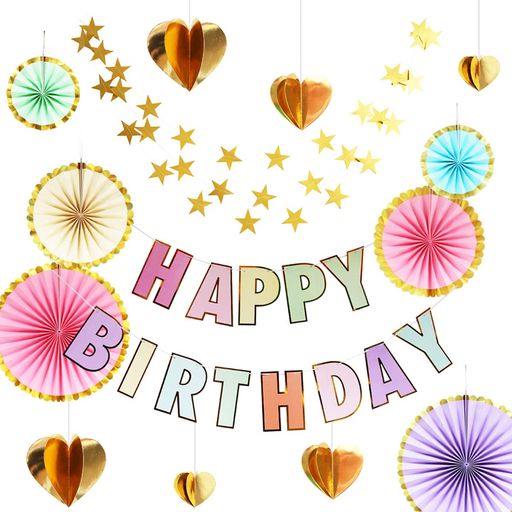 Getrays誕生日パーティー装飾キット、誕生日おめでとうバナーペーパーファンハンギング装飾3D愛の心ガーランド星バンティング旗、再利用可能装飾的パーティ背景の写真小道具(マカロン)