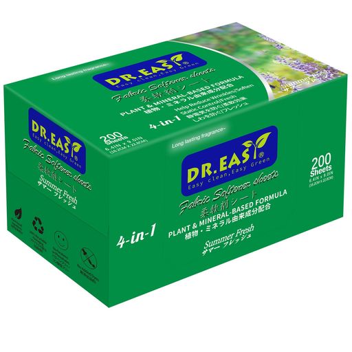 人とペットの両方が安全に使用できる素材:Dr.Easy乾燥機用柔軟剤シートは、100%レーヨン不織布を使用し、100%植物&amp;ミネラル由来の成分でコーティングされています。動物実験は一切行っていない、ビーガン認証取得済みで、染料、人工香料、パラベン、リン酸塩フリー、ブリーチ、蛍光増白剤は一切含まれていません。 より薄い不織布で、より良い効果:Dr.Easy乾燥機用柔軟剤シートは、より薄手のスパンボンド不織布で作られていますが、従来の製品よりも柔軟性と清涼感に優れています。乾燥機に入れるだけで布地が柔らかくなり、シワが少なくなり、静電気の付着が少なくなり、ペットの毛を撃退するのにも役立ちます。同時に、衣類を柔らかく感じさせ、快適で驚くべき匂いにします。弊社の乾燥機用柔軟剤シートは、春のようにフレッシュで自然な花々の香りを提供します。 使い方:普通量の乾燥物を一枚、または多い乾燥物の衣類を二枚入れるだけで、シワや静電気の付着を減らし、ペットの毛を撃退するのに役立つと同時に、衣類が柔らかく、さわやかで快適に感じるようにすることができます。