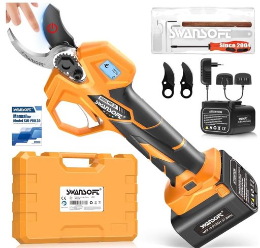 【2025新登場・3段切替機能搭載、切断径30mm】SWANSOFTPRU30電動剪定プロ用16.8V850W2+2Ahバッテリ軽量..