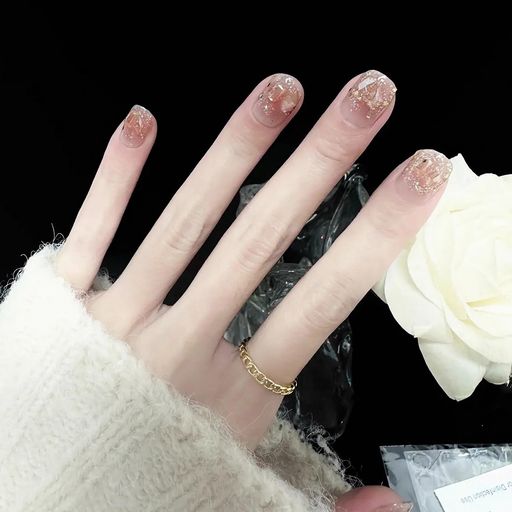 ネイルチップショート24枚入ミディアムつけ爪グラデーションピンク金箔肌色ダイヤモンド3Dネイルシール..