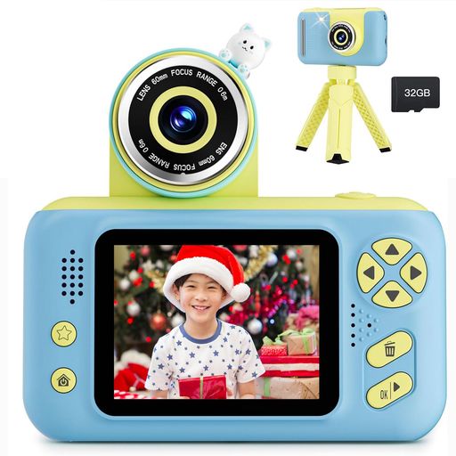 【小学生に人気のキッズカメラ】やさしいライトブルーカラーがかわいい人気のキッズカメラ。4-9歳くらいのお子さま向けに設計された子供用カメラで、女の子にも男の子にもおすすめ。誕生日プレゼントや小学生へのギフトにもぴったりです。 【180°回転レンズ&amp;自撮り対応】180°フリップレンズ搭載で、自撮りや動画撮影も簡単。2.4インチIPS画面で見やすく、おでかけや外遊びでも楽しく使えるトイカメラです。 【1080P動画&amp;高画質撮影】4000万画素対応で写真も動画もきれいに撮影可能。8倍ズーム機能付きで、動物や景色など、子どもの“撮りたい”を楽しく残せます。 【軽量・コンパクトで持ち運び便利】約160gの軽量設計で、小学生のお子さまでも持ちやすいサイズ。三脚付きなので、家族写真や動画撮影にも便利です。32GB SDカード対応。 【遊びながら創造力を育てる】写真や動画を撮りながら、お子さまの好奇心や創造力を楽しく育てられるキッズカメラ。景色や動物、家族との思い出など、“自分だけの世界”を自由に残せます。