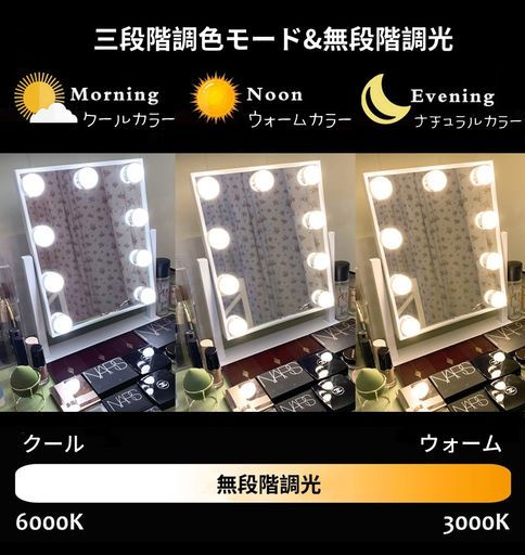 LONGSHINING女優ミラー化粧鏡卓上鏡ハリウッドミラー幅30*長さ6*高さ36cm三色点灯モード10倍拡大鏡付き9個LED電球付き明るさ調節可能360度回転USB給電式(ホワイト)