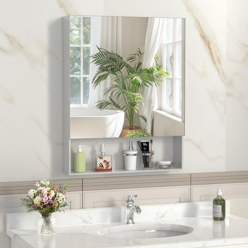 ANYHI60x76cm鏡付き薬品キャビネット浴室用、アルミニウム製壁掛け式浴室鏡収納付き、調整可能棚、埋め..