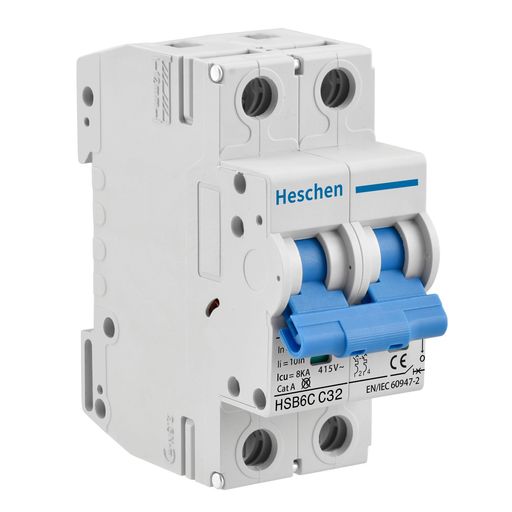 HeschenミニチュアサーキットブレーカーHSB6C、32Amp電流、2極、タイプC、6kA遮断容量、DINレール取り..