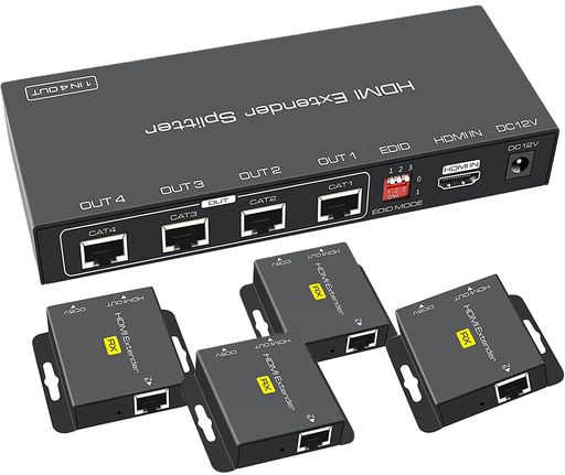 HDMI 分配 エクステンダー EX714:当番のHDMI エクステンダー には送信器(TX)を一つ、受信機(RX)を四つ同梱しております。出力側にLAN接続口を四つ搭載し、CAT6/CAT6A/CAT7の有線LANに繋げます。入力装置の映像と音声を同時にあわせて四台までのTV/モニターに映り出せます。 50Mまで延長可能なHDMI Splitter Extender:出力側のLAN接続口を利用する場合、ソースのHDMI信号を50Mまで延長することができます。この場合LANケーブルは必ずCAT6/CAT7をご使用ください。出力側のHDMI接続口を利用する場合、10M以内の標準HDMIケーブルを利用する必要があります。 遠隔にある4台までのモニターに同時出力できるHDMI 分配器 エクステンダー:四つの出力接続口を搭載しているため、4台までの出力装置に繋いで出力させることが可能です。多画面で情報を確認する必要がある監視室、ホームシアター、病院、教育教室、工場などの場合には見逃せないアイテムです。