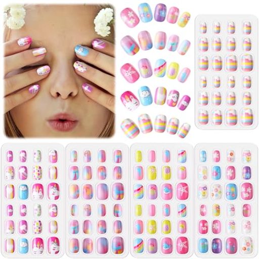 LitherrS120個ネイルチップ子供向けプレスオンつけ爪かわいいガールズのヒント女の子の手の装飾ネイル飾り用品偽の爪セットマニキュアDIY