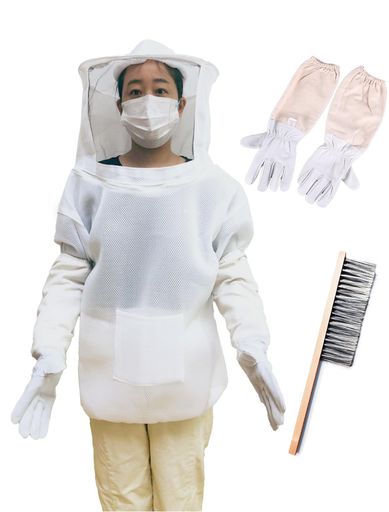  蜂 防護服 ハチ 駆除 蜂よけ グッズ ブラシ 手袋 付き 3点セット 夏場 フェイスネット 取り外しやすい 3層薄タイプ
