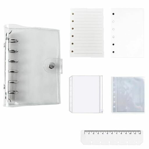 HorizonMegaA7透明バインダー6穴システム手帳ミニルーズリーフ付きメモ帳ポケットサイズシール帳台紙セット横罫&無地リフィル各40枚クリアバインダーシー...