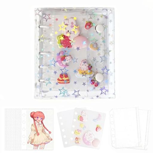 PAEUKUONシール帳透明M5サイズ【バインダーx1個+リフィル20枚+キラキラのチャックポケット2枚+下敷き2枚付き】はがせるミニシール手帳3層構造PPシートクリアバインダー5穴軽量PVC素材可愛い…