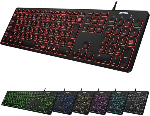 ArteckUSB有線ワイヤーキーボード7色バックライト搭載明るさ変更フルサイズ6フィート(約1.8メートル)コードテンキー付きコンピューター、デスクトップ、PC、ラップトップ、Windows11/10/8/7と…