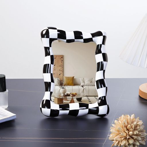 Browgrow卓上鏡卓上ミラー化粧鏡スタンドミラーメイクミラー卓上置き鏡360度回転おしゃれ(矩形黒白格子)