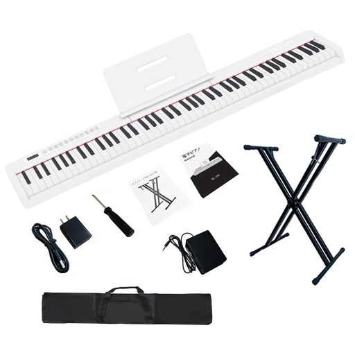 IKTMI電子ピアノ88鍵盤軽量ポータブルピアノスタンドセット電子ピアノ88鍵Pianoスリムデザインペダル付き充電型ピアノMIDI対応子供初心者練習用楽器日本語説明書付きホワイト(2)