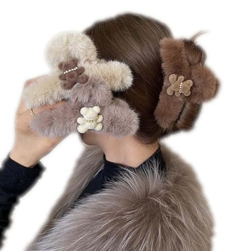ファーヘアクリップバンスクリップモコモコ小さめ女の子クマ髪留め可愛い前髪パールビーズ髪飾りふわふ..