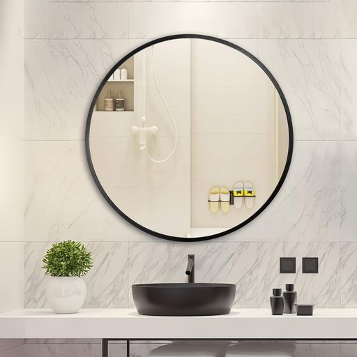 Keranixy壁掛けミラー丸鏡壁掛け直径50cm円形化粧鏡ブラック金属フレーム付き客間、洗面台、玄関、寝室用