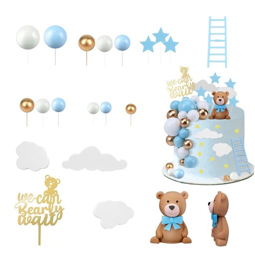 青い蝶ネクタイのベア誕生日バースデーケーキトッパーセット漫画の形面白くてかわいいケーキ装飾デコシールデコレーションボーイ誕生日お祝いに(24個セット)