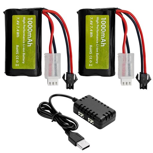 2PCS7.4V1000mah2SリチウムイオンバッテリーSM-2Pプラグと2-in-1充電器付きWPLMND90/91、99/99sD12RCカ..