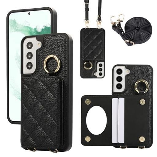 Rakuten - SucctopyGalaxyS22ケース手帳型ショルダースマホケースギャラクシーS22SC-51CSCG13カバー鏡付き肩がけ首掛け斜め掛けストラップ着脱可ギャラクシーs22ケース手帳型財布付きリング付き