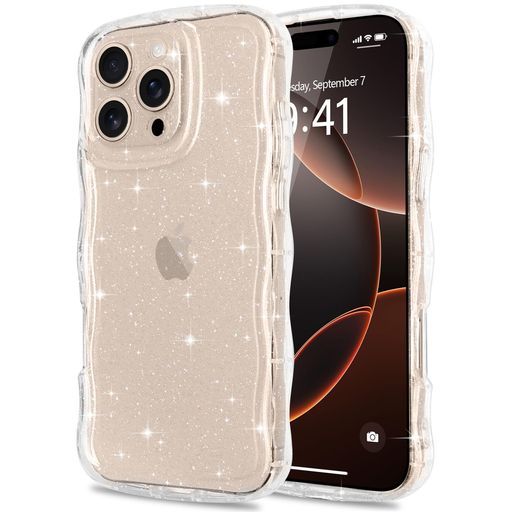 PepmuneiPhone16Pro用ケースキラキララメクリアカバー韓国かわいい可愛いウェーブ透明軽量耐衝撃人気シンプル滑り止め傷つけ防止ストラップホール付きスマホケース(iPhone16Pro用)