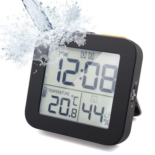 時計デジタル時計防滴型防水タイマー温度計湿度計LCDディスプレイ目覚まし時計お風呂時計壁掛け卓上置き浴室バスルーム洗面所台所部屋用中庭ルームシャワー用(ブラック)
