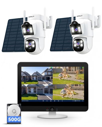 VORGUT防犯カメラ屋外ソーラーモニタ一付き2台セット二重レンズ双眼監視カメラ屋外ソーラー工事不要電源不要2.4Ghz/5Ghz対応可能二つ監視画面遠隔監視カ...