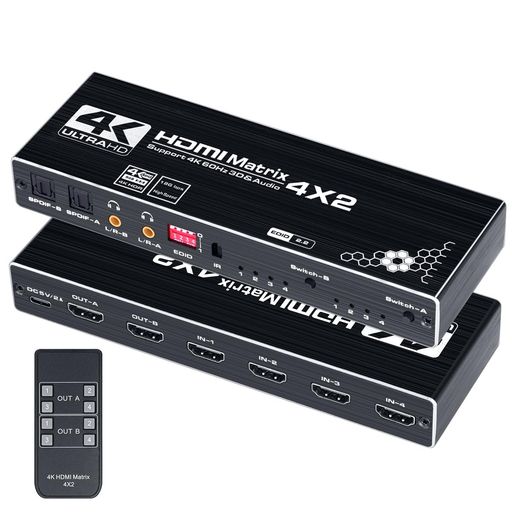 ELEVIEWHDMIマトリックスセレクター4入力2出力4K60Hz対応音声分離機能付き光デジタル/3.5mmオーディオ出力PS5/PS4/NintendoSwitch対応リモコン付属(EHD-076Y)