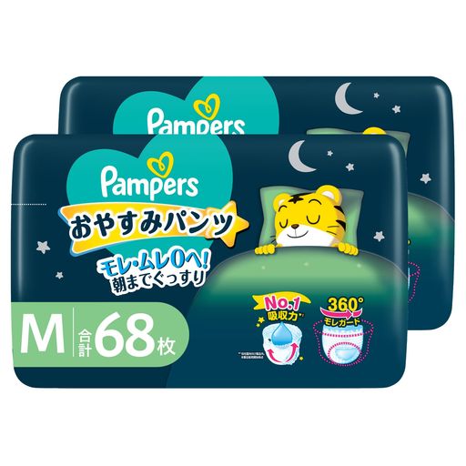 【パンパース おやすみパンツ おねしょ防止パッド新採用!】 Mサイズパンツユーザーの3人に1人が繰り返し夜間のモレを経験しています* より幅広い月齢のお子さまの夜モレに対応! *パンパース調べ(N=8506)。一か月に一回以上のモレ経験割合34% 【パンパース おやすみパンツ おねしょ防止パッド新採用!】夜は昼の10倍モレやすい**。おねしょ防止パッドを搭載し、一晩中のおしっこを受け止めます。夜もモレ・ムレ安心。 ** P&amp;G調べ(Lサイズ, N=115) 【パンパース史上最高***の吸収力!】お腹から背中まで吸収体がしっかり覆うから、どの角度からもモレをSTOP! 一晩中のおしっこを3回分までも吸収。 ***さらさらケアパンツ同サイズとの比較 【360°モレガード】独自のフィット技術で寝返り時の脚モレも背中モレも防止。 ふわふわやわらか素材、ふわふわ素材の吸収体を使用。ベルトは2.5倍伸びる^からお腹周りにフィットし、かつ動きやすい。ずっと快適。 ^伸ばす前との比較。 乳幼児用パンツ紙おむつ Mサイズ(6~12kg)