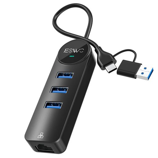 JESWO 2in1 USB C/USB A 有線LANアダプタ、USB 3.0*3 拡張 5Gbps超高速転送 10/100/1000Mbps 有線 LAN RJ45 ギガビット イーサネットアダプタ LEDライト付き iPad