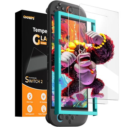 【2枚セット】Switch2保護フィルム取り付けフレーム付き超薄型9H硬度強化ガラス指紋防止耐衝撃飛散防止..