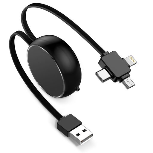 【巻き取り式充電コード3in1】3in1充電ケーブル巻き取り式は伸縮がスムーズでありながらも、コンパクトな巻き取りハウジングも特徴です。20cmから100cmまで(20cm-40cm-60cm-80cm-100cm)、5段階の伸縮調整により...