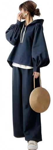 [YUANYUAN]レディース2点セットジャージセットアップパーカー+ワイドパンツスポーツスウェット上下セッ..