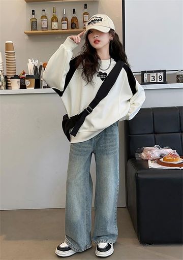 [KOSIKINI]女の子服子供服ジュニアキッズセットアップ女の子長袖トレーナーデニムパンツスポーツウェア..