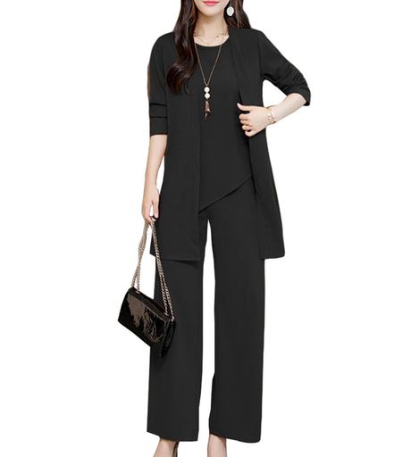 [Fosys]3点セットセットアップスーツレディースカーディガンパンツ通勤カジュアルキレイめ上品ママ体型カバー春秋冬(ブラックXL)