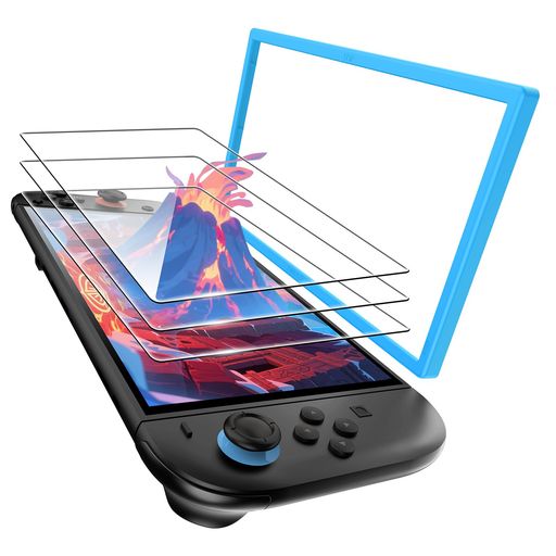 TRANSNOVO【3枚+専用枠付】Switch2対応保護画面ガラスフィルム2025ニンテンドースイッチ2用強化ガラス高感度タッチ対9H硬度高透過率自動位置合わせ気泡ゼロ設計貼り付け簡単耐衝撃仕様(青3枚)