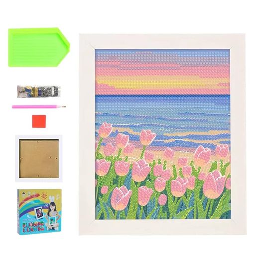 ADOFUNダイヤモンドアートキット花ダイアモンドビーズ絵画キットDIY手作り絵画額縁付き5Dモザイクアート子供大人初心者ダイヤモンド塗装全面貼り付けタイプ15x20cm(チューリップ)