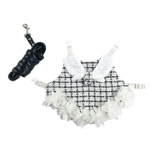 Botocoo ウサギ 子猫 ハーネス リード セット姫風モルモット 猫 ハムスター 可愛い ドレスうさぎ 服 小型 ハーネス お出かけ 着ぐるみ 簡単着脱 迷子防止 牽引ロープ 黒と白のチェック柄