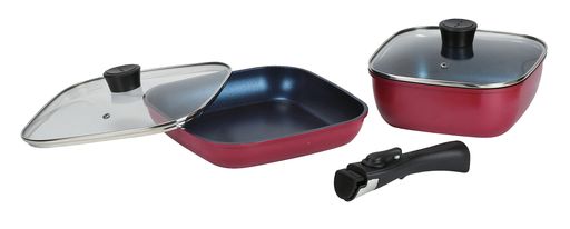 製品サイズ:(約)深型フライパン20x20cm(スクエア)/幅21x奥行21x高さ8cm、フライパン24x24cm(スクエア)/幅25x奥行25x高さ4.5cm、ガラス蓋20x20cm/幅21.5x奥行21.5x高さ5.5cm、ガラス蓋24x24cm/幅25.5x奥行25.5x高さ4cm、専用ハンドル/全長19x幅4.5x高さ5.5cm 製品重量:(約)深型フライパン20x20cm(スクエア)/0.45kg、フライパン24x24cm(スクエア)/0.55kg、ガラス蓋20x20cm/0.45kg、ガラス蓋24x24cm/0.65kg、専用ハンドル/0.2kg 《深型フライパン・フライパン》表面加工:内面/ふっ素樹脂塗膜加工、内面/焼付け塗装、素材・材質:本体/アルミニウム合金、はり底/ステンレス鋼、寸法:20x20cm・24x24cm 《ガラス蓋》品名:強化ガラス製器具、強化の種類:全面物理強化、その他の材料:縁リング/ステンレス鋼、つまみ/フェノール樹脂(耐熱温度150度)