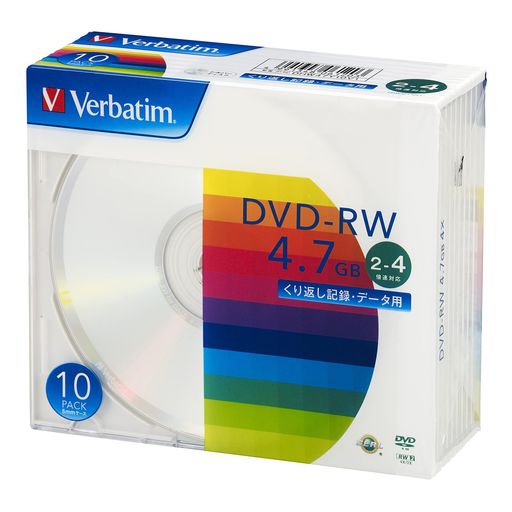 品種:データ用 DVD-RW 容量:4.7GB くり返し記録用 盤面印刷:x(シルバーディスク) 倍速:2-4倍速,ケース:5mmスリムケース,入り数:10枚