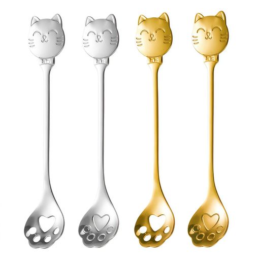 RuiChyコーヒースプーン猫柄4本セットステンレス鋼撹拌スプーン穴あきスプーンデザートスプーンおしゃれ可愛いコーヒーカクテルお茶ペストリー用家庭コーヒーショップ
