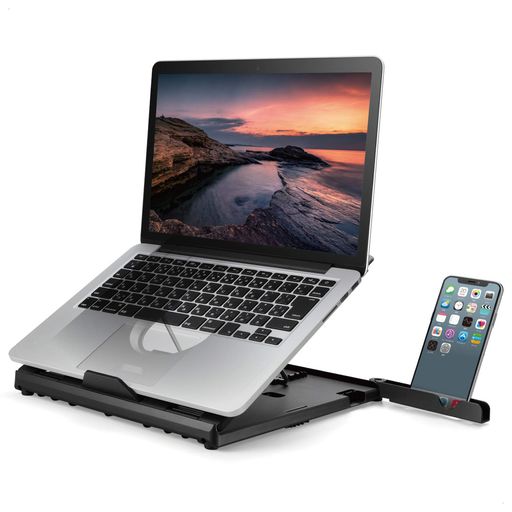 8段階角度調整機能付の折りたたみ式ノートPCスタンドです。 ノートPCの画面部分を上げることで目線をあげることができ、PC作業時の姿勢を改善することができます。 傾斜角度を23°・27°・31°・36°・40°・47°・50°・53°の8段階に調整可能です。 スマートフォンスタンド機能がノートPCスタンドの左右に付いているので、スマートフォンをPCと並べてスタンドすることができます。 ノートPCにあわせて台座のお好みの位置に排熱用ゴム脚を取り付けることで、ノートPCを台座に密着させずにおくことが出来るのでノートPCの排熱にも効果的です。