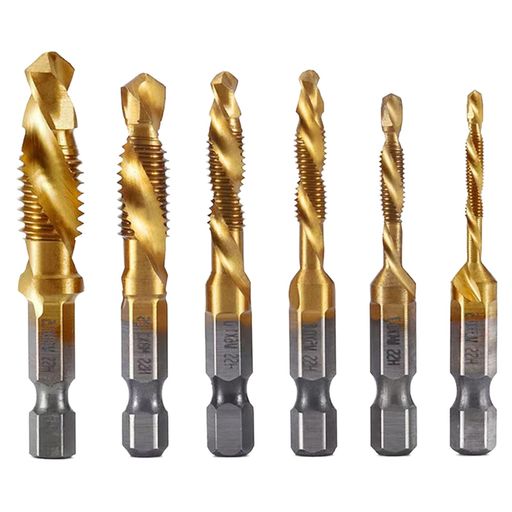 Aquafixタップドリルセット6本セット金属製ドリルタップ超硬ドリルビット六角軸面取りタップ多機能穴あけねじ切りタップスパイラルHSS高速度鋼M3M4M5M6M8M10鉄工/金工/工業用(チタンゴールド)
