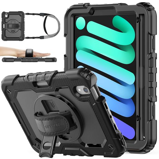 SEYMACstockiPadmini7/mini6専用ケース耐衝撃ペンホルダーフィルム付き前面カバー横置き縦置きスタンド360度回転ハンドストラップ肩掛けショルダーストラップ付きminiA17Pro(ブラック)(2.0)