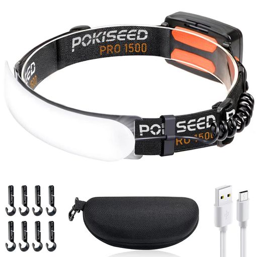 POKISEED ヘッドランプ LED 充電式 1500ルーメン 超高輝度 230°広角照射 3モード IPX6防水 軽量 テールライト・クリップ付き 作業 キャンプ 釣り ランニング ヘルメット装着対応