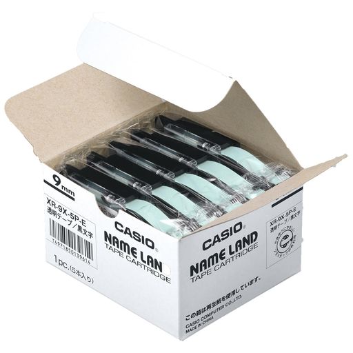 カシオ ラベルライター ネームランド 純正 テープ 9mm XR-9X-5P-E 透明に黒文字 5本