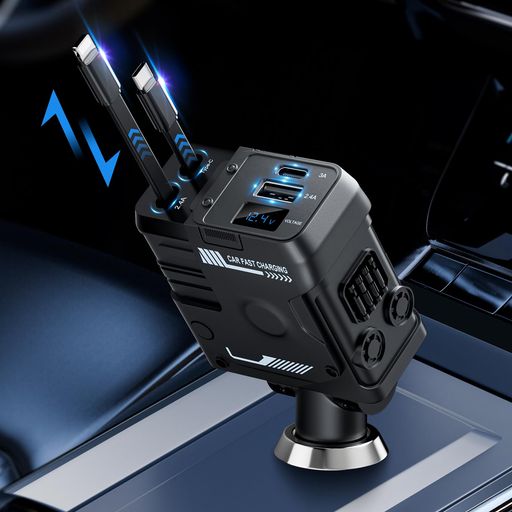 【巻き取り式】車載充電器シガーソケット4台同時に充電2本巻き取り式ケーブルUSB-C/Lighting/USB-Aコネクター付き電圧計付き180度方向調整可