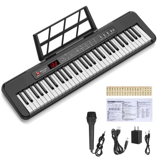 【61鍵盤初心者にぴったり】電子ピアノはタッチ感に優れた61鍵盤電子キーボードです。内蔵の15Wスピーカーは、臨場感溢れる体験をお届けします。 【多くの機能&amp;操作簡単】200種類音色、200種類リズム、70デモ曲を内蔵、録音、リバーブ、メトロノーム、サステイン、和音など多くのアクセシビリティ機能が搭載されています。そして、日本語取扱説明書が付きます。初心者にはさらに便利になり、子供でも簡単に操作できます。 【USB充電式&amp;電池給電式】電池給電式(別売り):1.5V単三電池x4本を正確な極性で取り付けてください。USB充電:付属のUSBケーブルを使用し、電子ピアノの充電以外の用途にアダプターを使用しないでください。 【付属品】本体、スタンド、譜面台、充電器、充電ケーブル、日本語取扱説明書も付属しています。注意事項:鍵盤のタッチ感、音質の感じ方には個人差ございます。そして、ご利用中に音が出ない、ボタンの反応が悪い、異常な音がでるなど不安定がある場合、ケーブル接触不良です。電子ピアノに関するご質問がございましたら、お気軽にお問い合わせください。