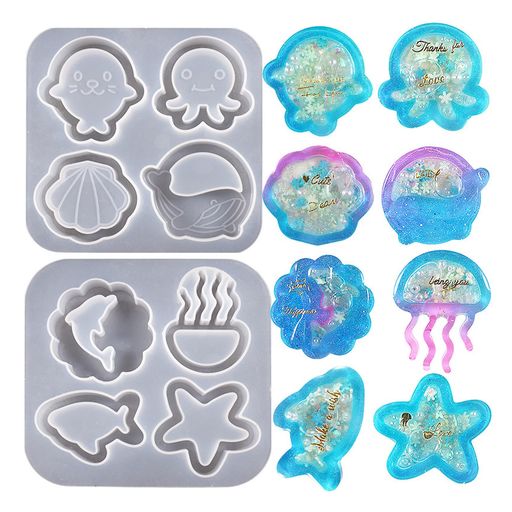 シリコンモールドUVレジン型8種類海洋動物シリコン型モールド2枚セットDIY手作り流れ砂型樹脂粘土キー..