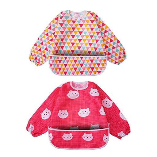 樂天商城 - LittleDimsum長袖ピンク三角形と猫食事用防水エプロン立体ポケット軽量速乾子供用ポケット付き保育園用幼稚園用12-40ヶ月
