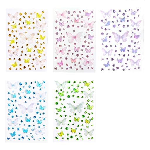 ラインストーンシール5枚セッ3D立体蝶デザイン接着剤ありキラキラカラフルシール可愛いュエルステッカ..