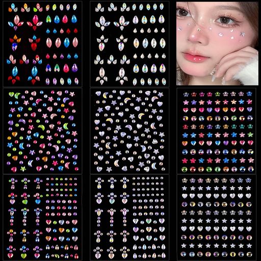 SensaBlissラインストーンシールキラキラ3Dフェイスステッカーラインストーンステッカー接着剤不要直接貼り付け可能星月涙メイクフェイスストーン顔面デコデコパーツネイルデコパーツ携…